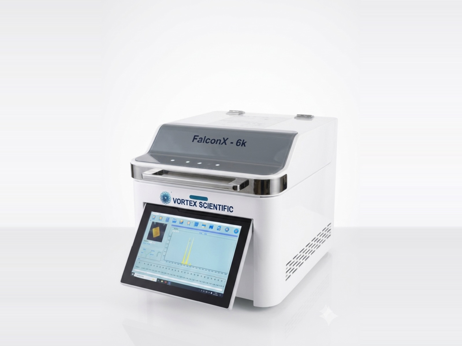 FalconX-6k benchtop XRF analyser with a live element spectrum on its touchscreen