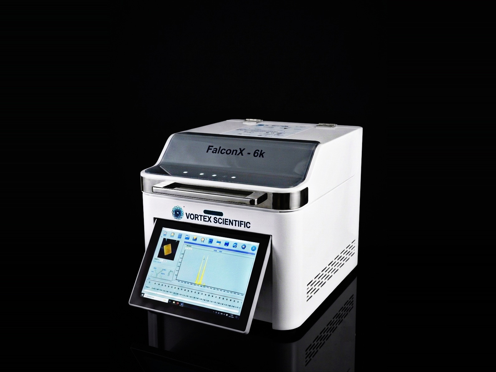 FalconX-6k benchtop XRF gold analyser seen from the side, with a live element spectrum on its touchscreen