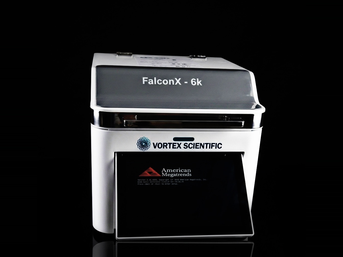 FalconX-6k front view, showing the FalconX-6k lid and the extended touchscreen