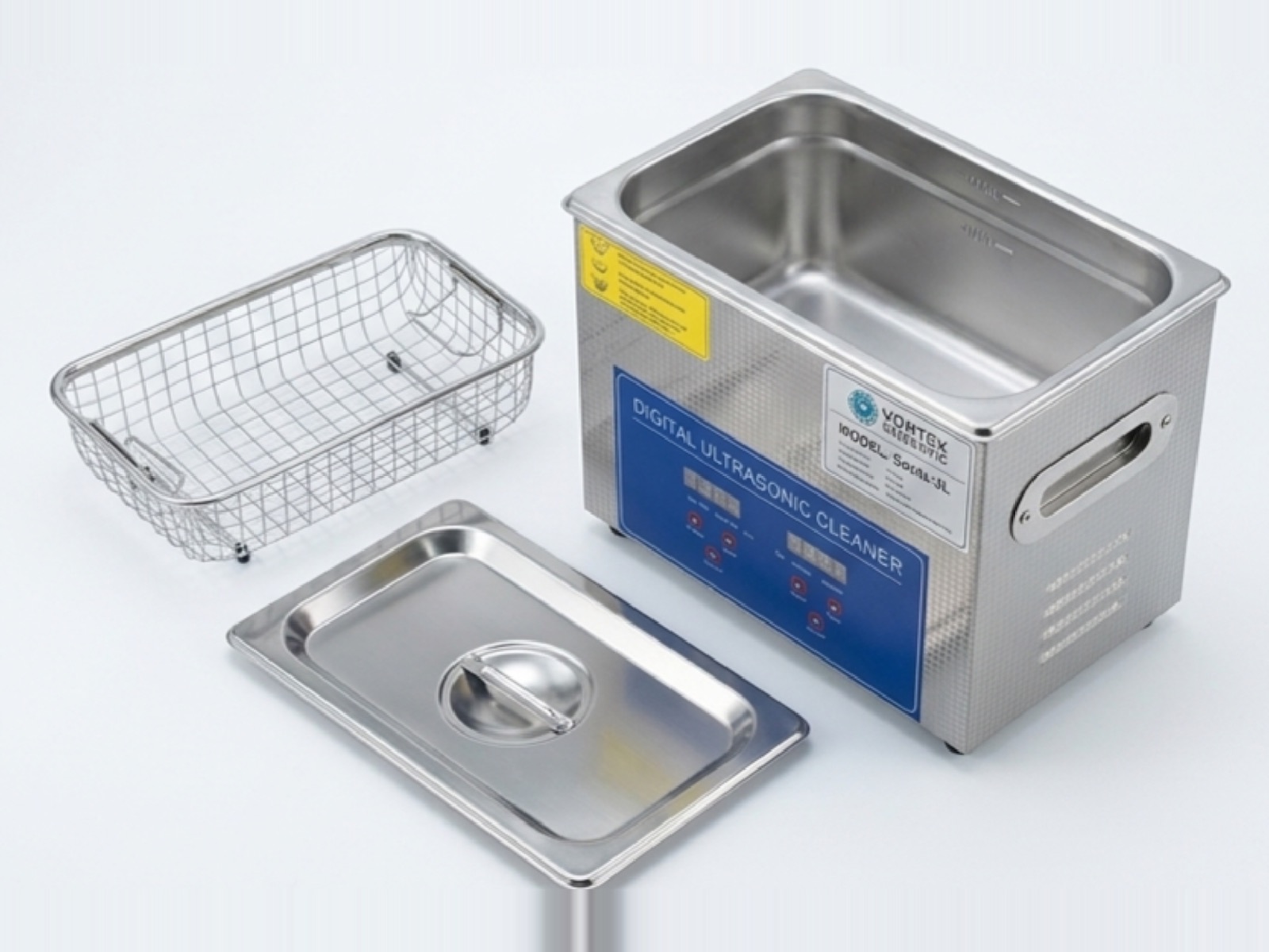 Vortex Sonix 3L digital ultrasonic cleaner with its stainless basket and lid